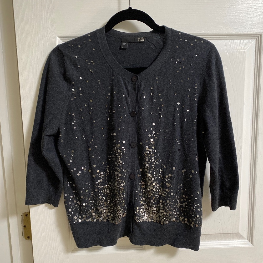 Eileen Fisher Cardigan Cashmere Cotton Sequined. S